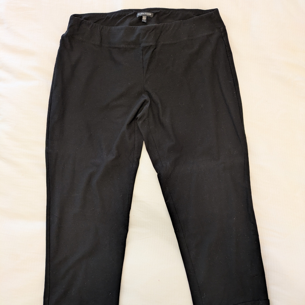 Eileen Fisher Black Washable Stretch Crepe Cuffed Crop Pants L Minimal Luxury
